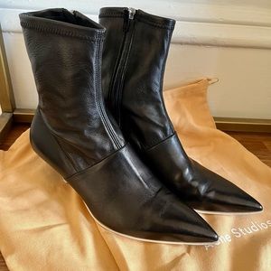 Acne black leather ankle boots with kitten heel, white sole, size EU37